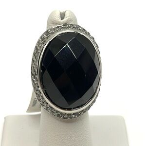Ring Black Agate Sophisticated Steel Oval Criss-cross cut Agate with Round Topaz